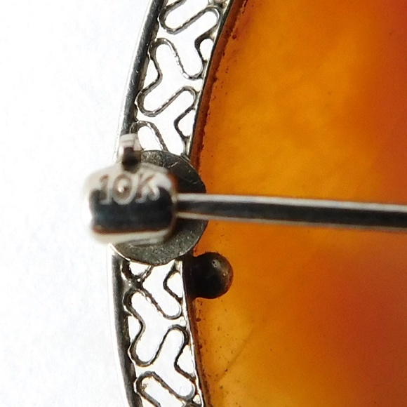 Antique 10K Solid White Gold Carved Cameo Brooch Art Deco Filigree Vintage - Picture 3 of 8